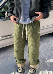 Loose Army Green Pockets Patchwork Warm Fleece Men Pants Winter