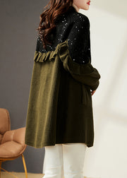 Loose Army Green Ruffled Sequins Patchwork Knit Coats Fall