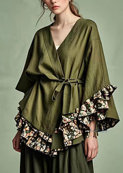 Loose Army Green V Neck Ruffled Patchwork Tie Waist Tops Fall