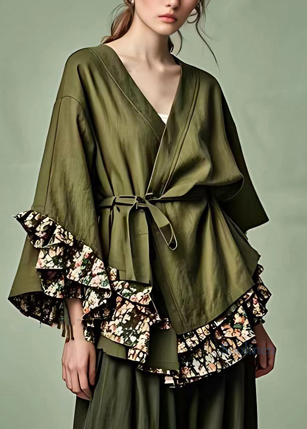 Loose Army Green V Neck Ruffled Patchwork Tie Waist Tops Fall