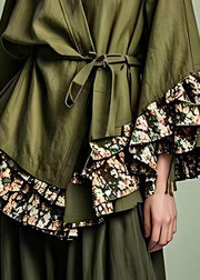 Loose Army Green V Neck Ruffled Patchwork Tie Waist Tops Fall
