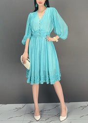 Loose Baby Blue V Neck Ruffled Print Chiffon Dress Fall