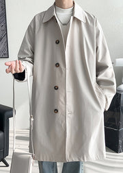 Loose Beige Button Pockets Side Open Cotton Mens Coat Spring