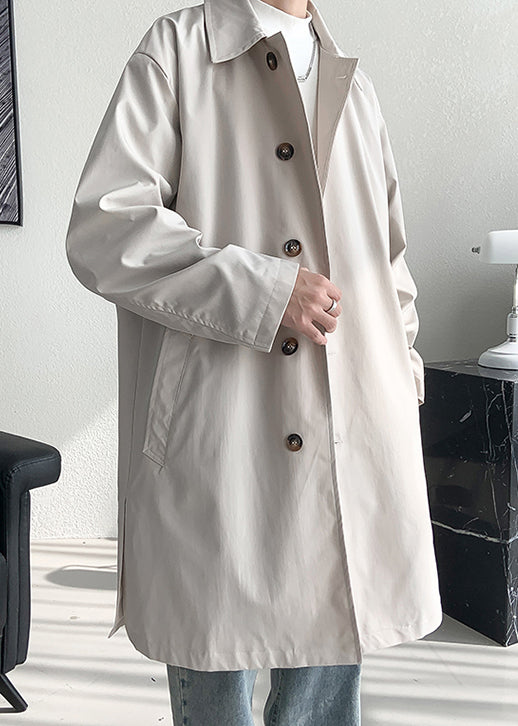 Loose Beige Button Pockets Side Open Cotton Mens Coat Spring