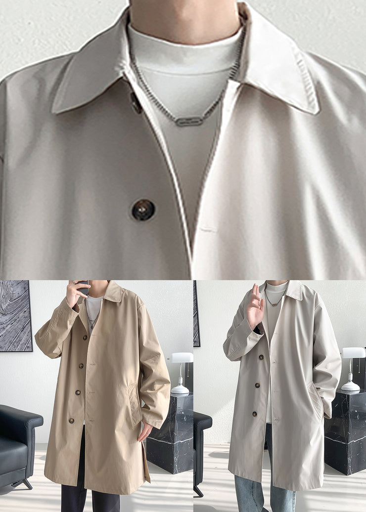 Loose Beige Button Pockets Side Open Cotton Mens Coat Spring