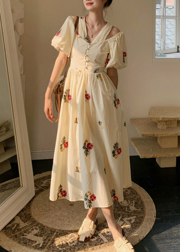 Loose Beige Embroidered False Two Pieces Cotton Dresses Summer