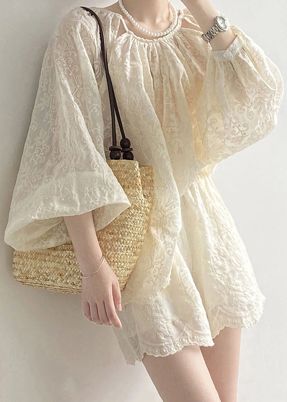 Loose Beige Embroidered Pockets Silk Cotton Two Pieces Set Bracelet Sleeve
