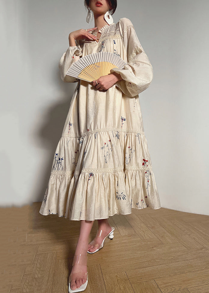 Loose Beige Embroidered Ruffled Pockets Linen Dress Long Sleeve