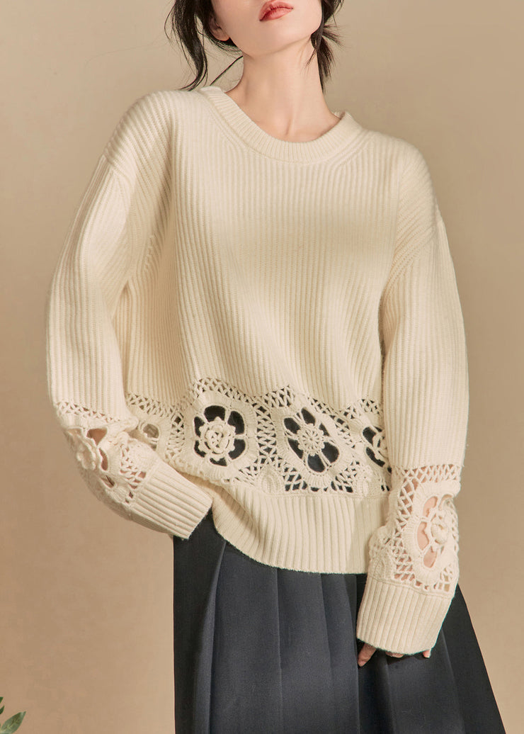 Loose Beige Hollow Out Solid Knit Sweater Winter