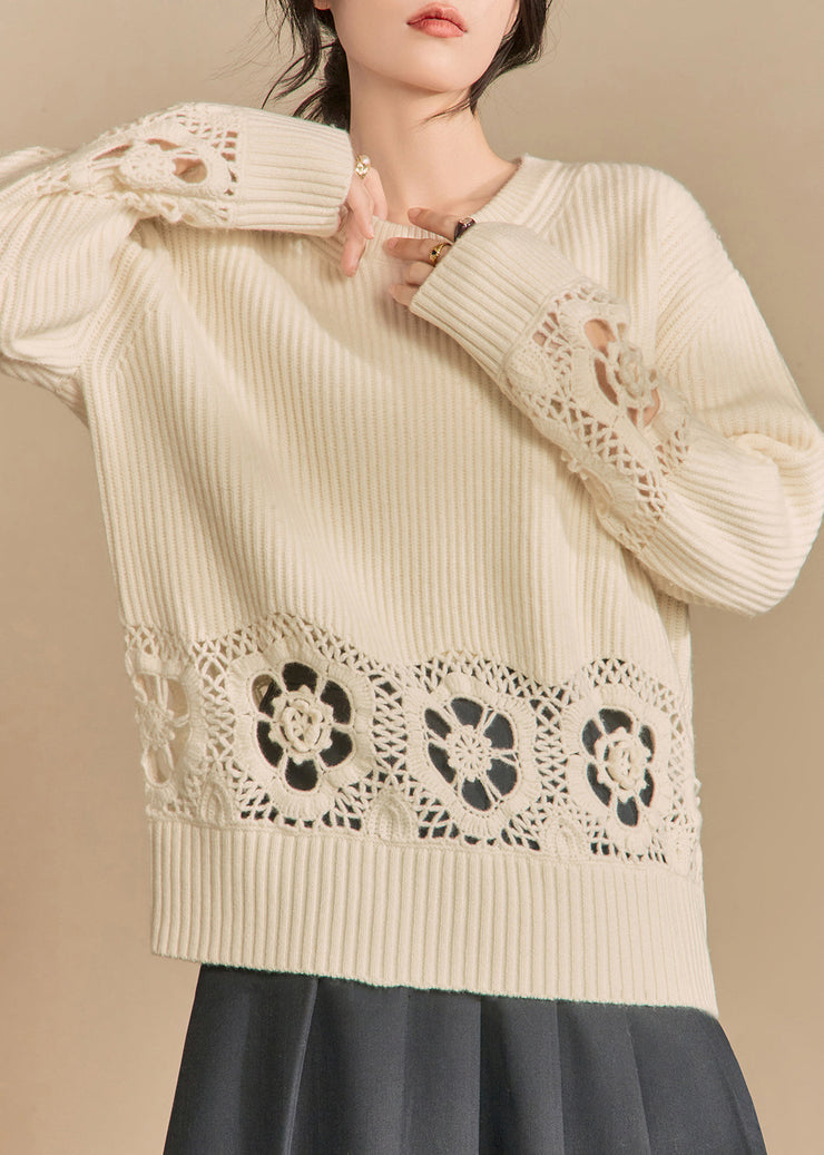 Loose Beige Hollow Out Solid Knit Sweater Winter