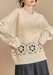 Loose Beige Hollow Out Solid Knit Sweater Winter