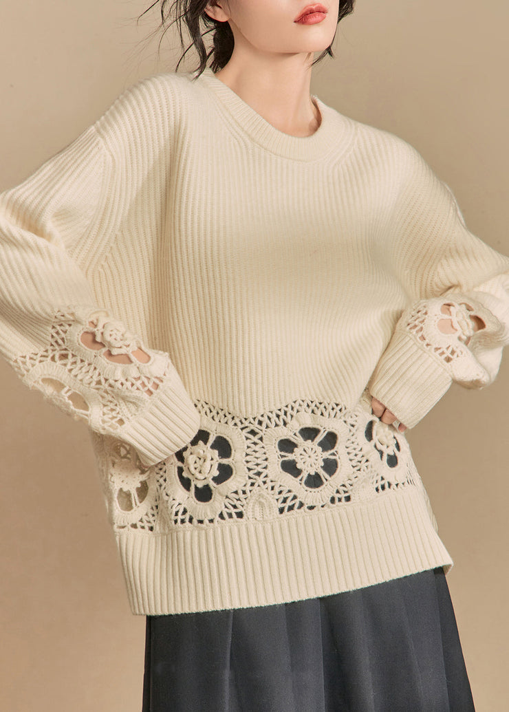 Loose Beige Hollow Out Solid Knit Sweater Winter