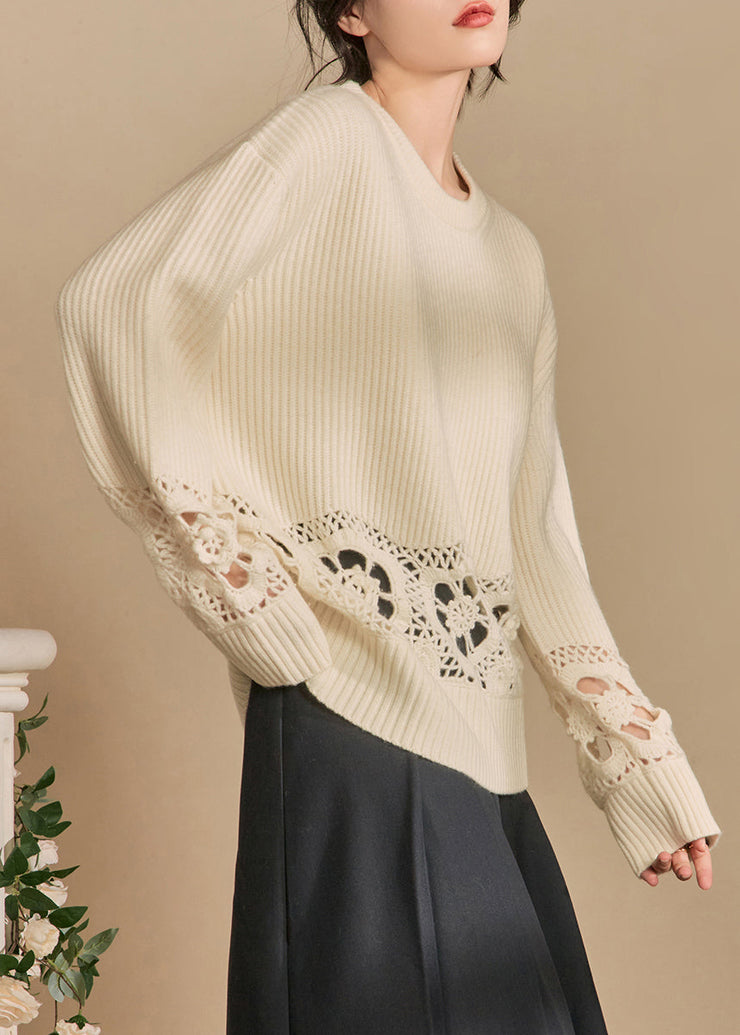 Loose Beige Hollow Out Solid Knit Sweater Winter