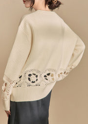 Loose Beige Hollow Out Solid Knit Sweater Winter