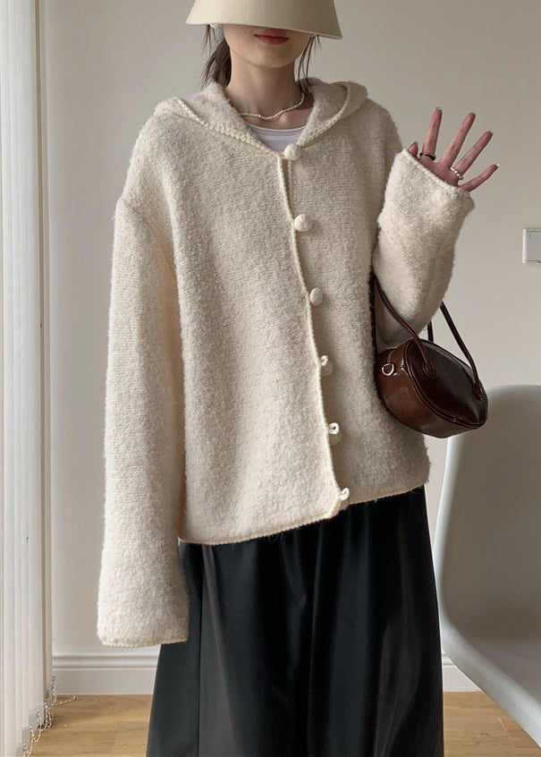 Loose Beige Hooded Button Solid Cotton Knit Coat Spring