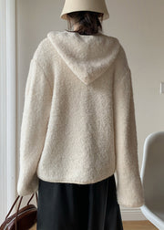 Loose Beige Hooded Button Solid Cotton Knit Coat Spring