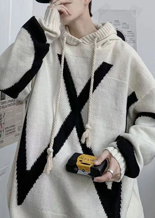 Loose Beige Hooded Cozy Knit Men Sweaters Winter