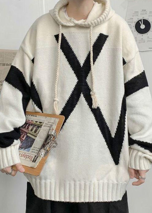 Loose Beige Hooded Cozy Knit Men Sweaters Winter