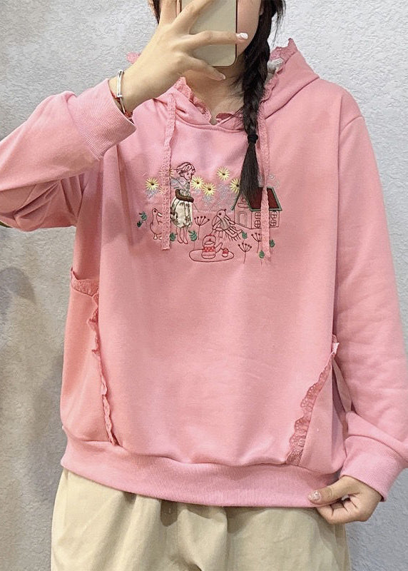 Loose Beige Hooded Embroidered Cotton Sweatshirts Spring