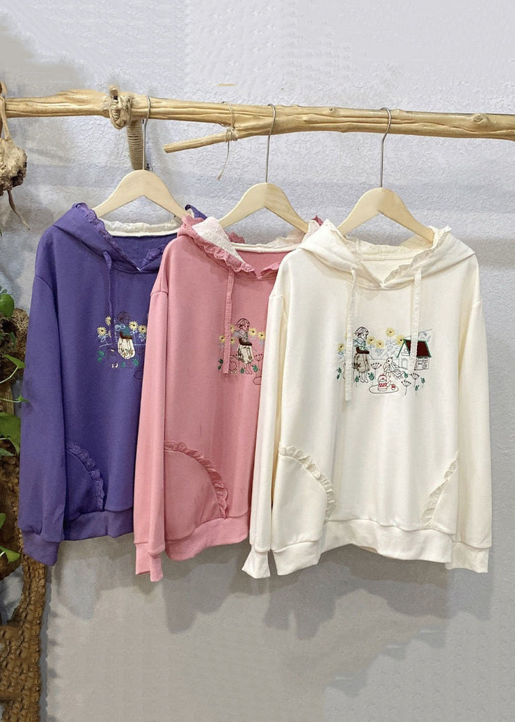 Loose Beige Hooded Embroidered Cotton Sweatshirts Spring