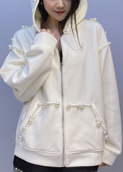 Loose Beige Hooded Pearl Pockets Cotton Coats Spring