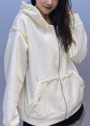 Loose Beige Hooded Pearl Pockets Cotton Coats Fall