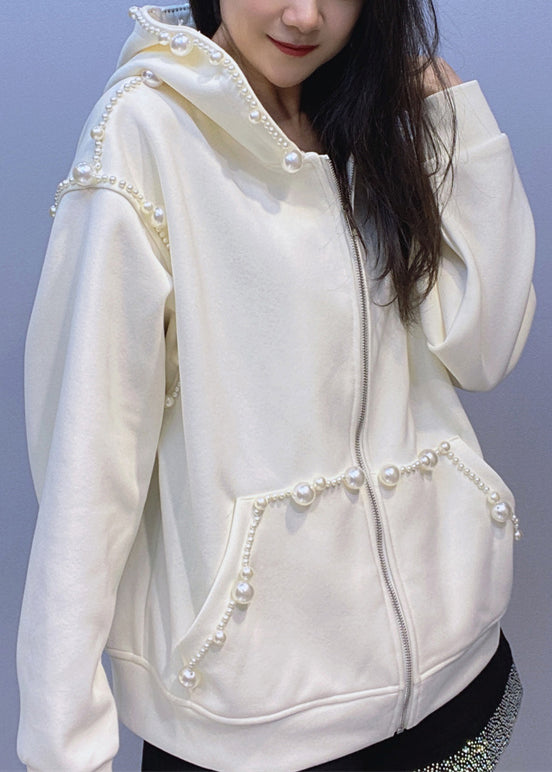 Loose Beige Hooded Pearl Pockets Cotton Coats Spring