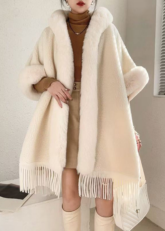 Loose Beige Hooded Tasseled Warm Fleece Cape Coats Winter