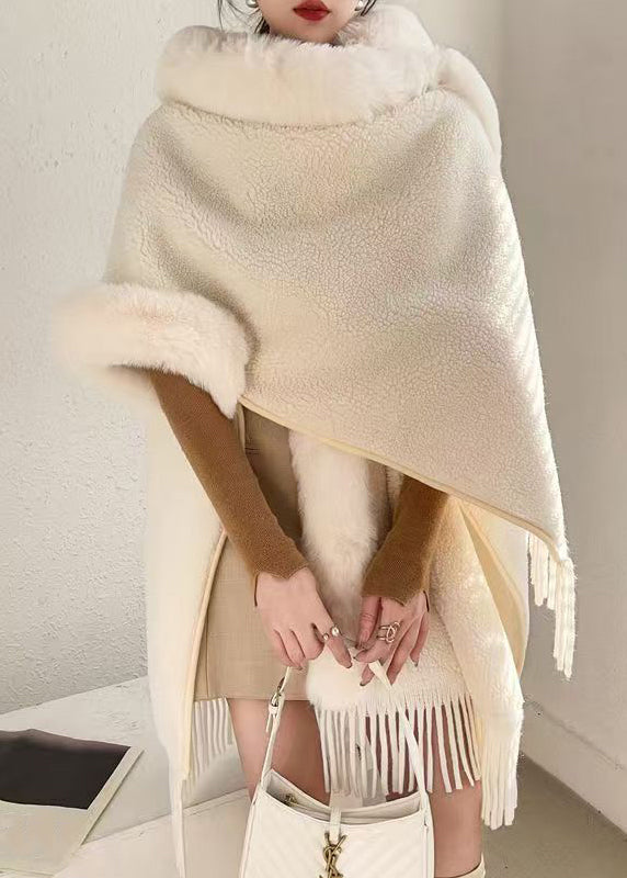 Loose Beige Hooded Tasseled Warm Fleece Cape Coats Winter