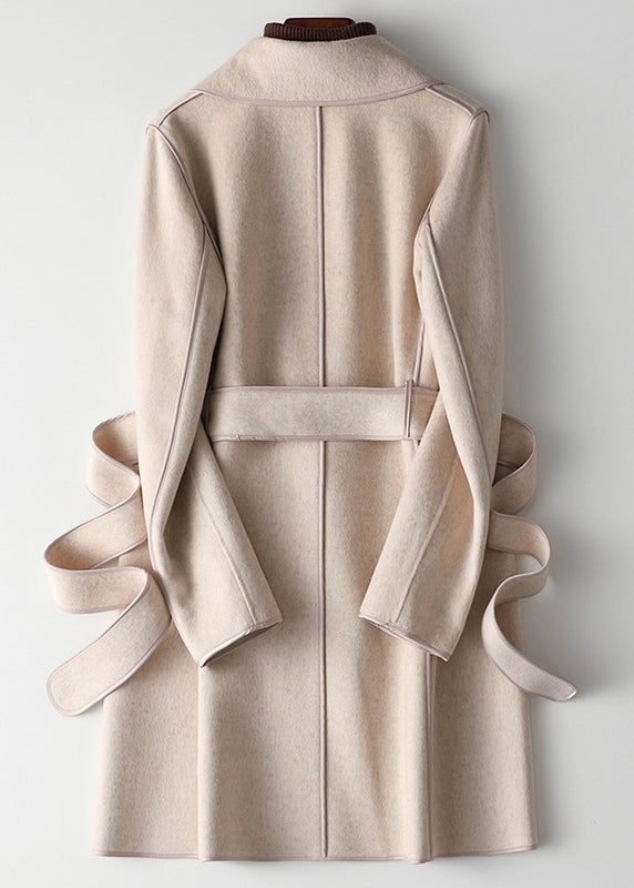 Loose Beige Notched Tie Waist Woolen Coats Fall