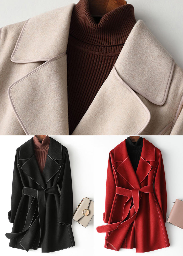 Loose Beige Notched Tie Waist Woolen Coats Fall