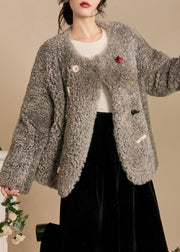 Loose Beige O Neck Button Teddy Faux Fur Coats Winter