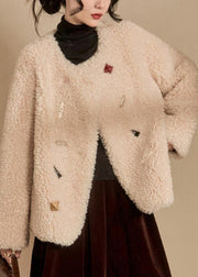 Loose Beige O Neck Button Teddy Faux Fur Coats Winter