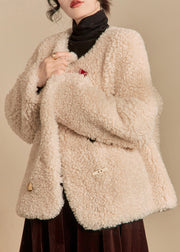 Loose Beige O Neck Button Teddy Faux Fur Coats Winter