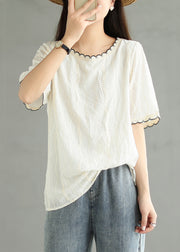 Loose Beige O Neck Embroidered Cotton T Shirt Summer