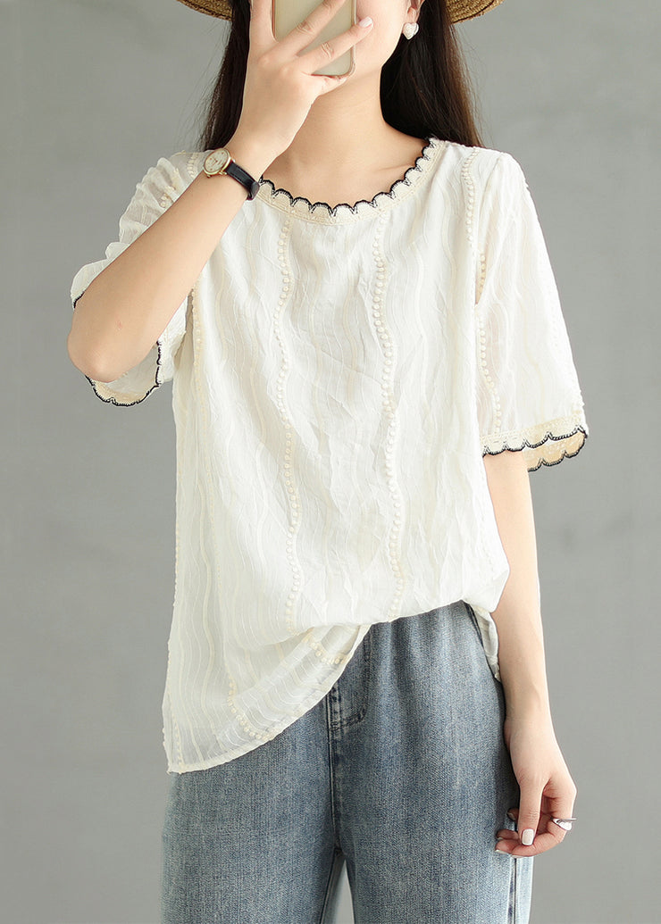 Loose Beige O Neck Embroidered Cotton T Shirt Summer