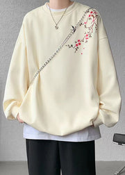 Loose Beige O Neck Embroideried Cotton Men Pullover Sweatshirts Spring