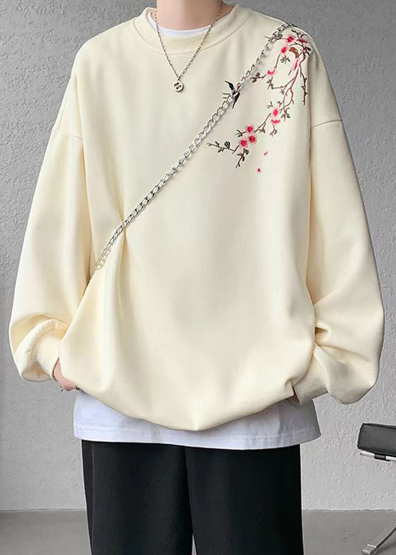 Loose Beige O Neck Embroideried Cotton Men Pullover Sweatshirts Fall