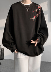 Loose Beige O Neck Embroideried Cotton Men Pullover Sweatshirts Spring