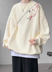 Loose Beige O Neck Embroideried Cotton Men Pullover Sweatshirts Spring