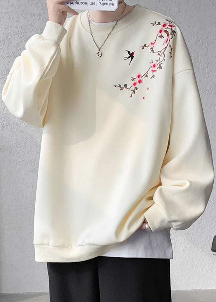 Loose Beige O Neck Embroideried Cotton Men Pullover Sweatshirts Fall