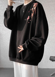 Loose Beige O Neck Embroideried Cotton Men Pullover Sweatshirts Spring