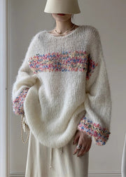 Loose Beige O Neck Hollow Out Knit Sweaters Winter