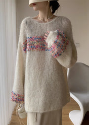 Loose Beige O Neck Hollow Out Knit Sweaters Spring