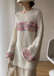 Loose Beige O Neck Hollow Out Knit Sweaters Spring