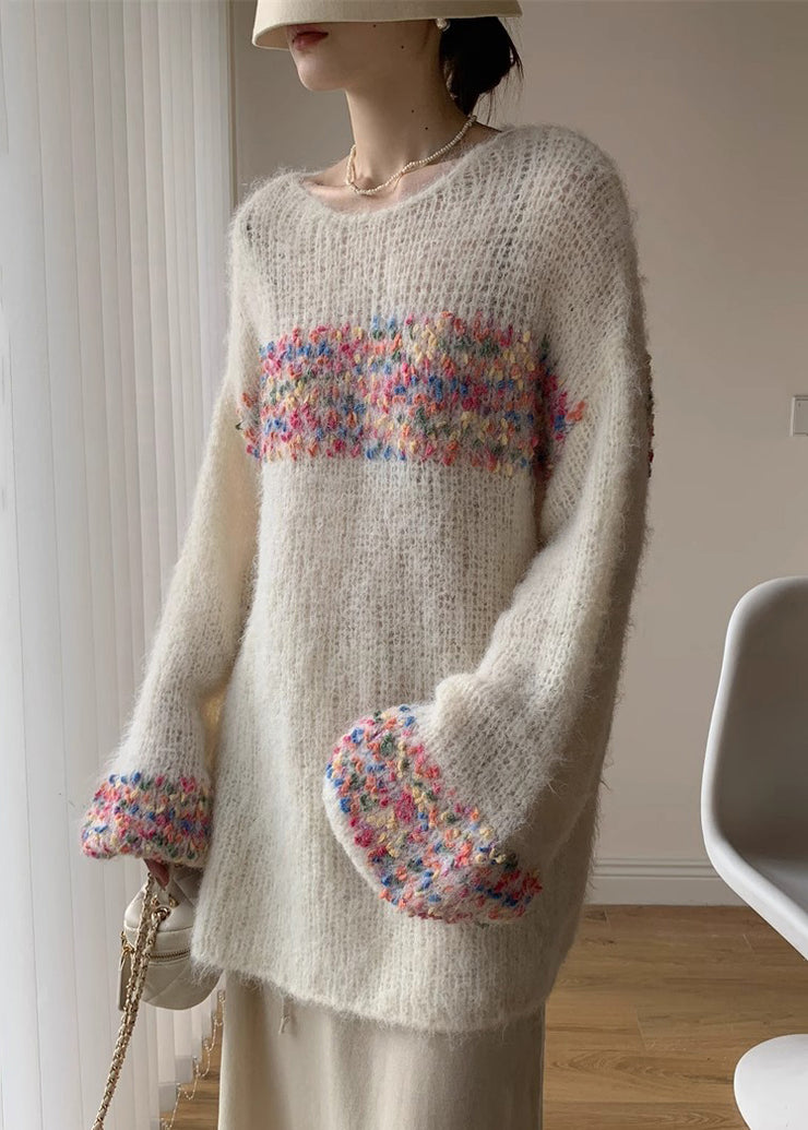 Loose Beige O Neck Hollow Out Knit Sweaters Winter