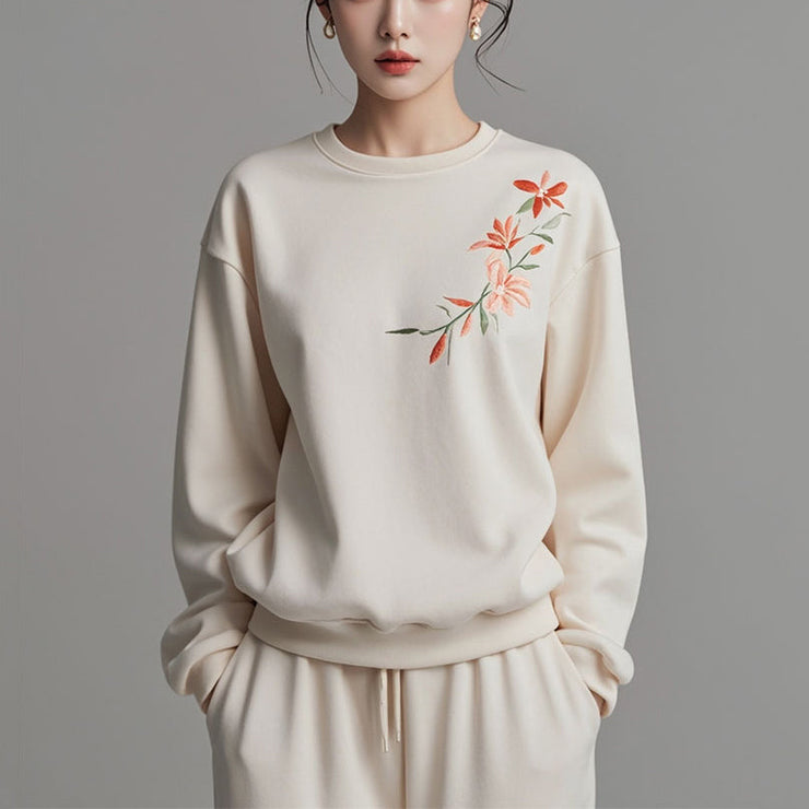 Loose Beige O Neck Print Cotton Sweatshirts Spring