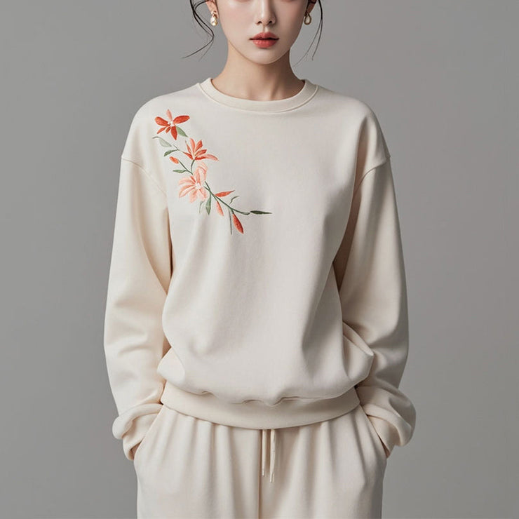 Loose Beige O Neck Print Cotton Sweatshirts Fall