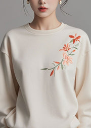 Loose Beige O Neck Print Cotton Sweatshirts Spring