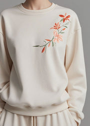 Loose Beige O Neck Print Cotton Sweatshirts Spring